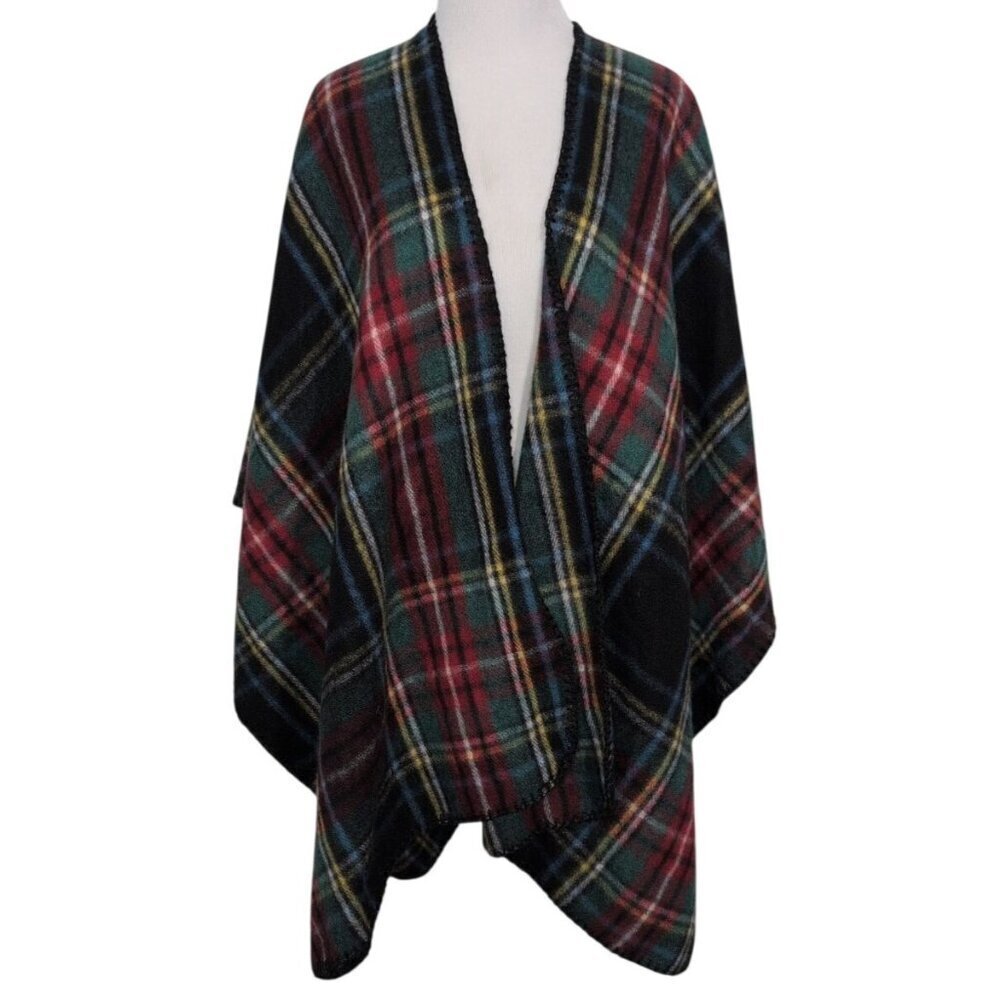 Woolrich Plaid Blanket Wrap Womens One Size Green Red Tartan Fleece Poncho Shawl